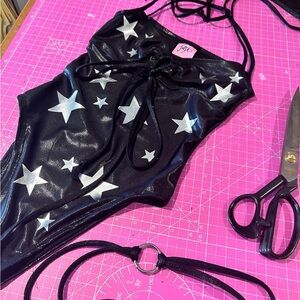 jade clark bodysuit + glitter mesh tie skirt